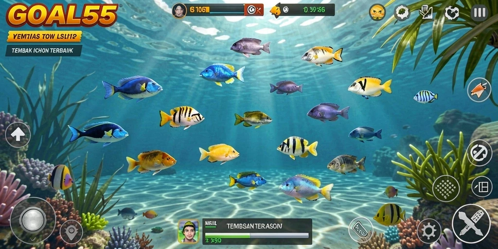 Tampilan gameplay seru menangkap ikan di GOAL55.