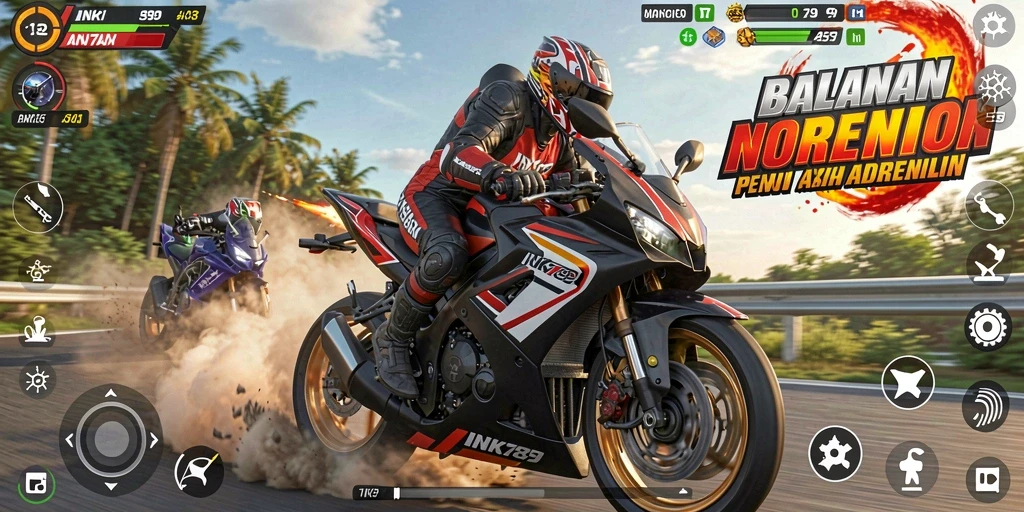 Screenshot utama INK789 menampilkan aksi balapan motor yang mendebarkan.