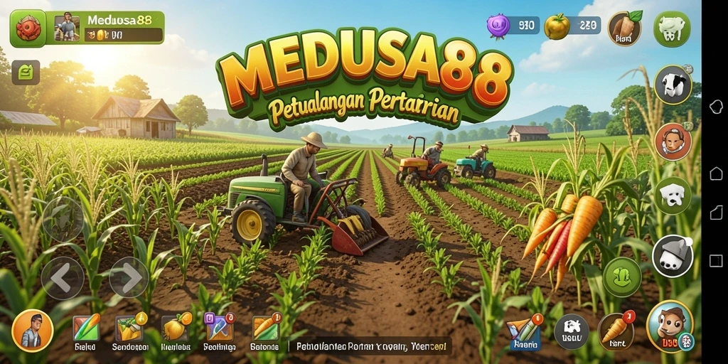 Screenshot gameplay MEDUSA88 menampilkan aktivitas pertanian yang seru.