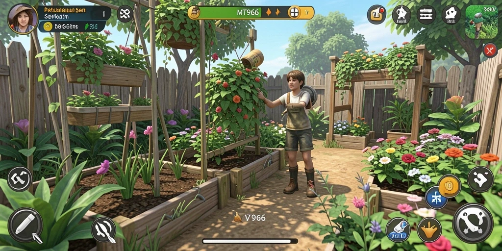 Screenshot utama MT966 menunjukkan gameplay berkebun yang menyenangkan.