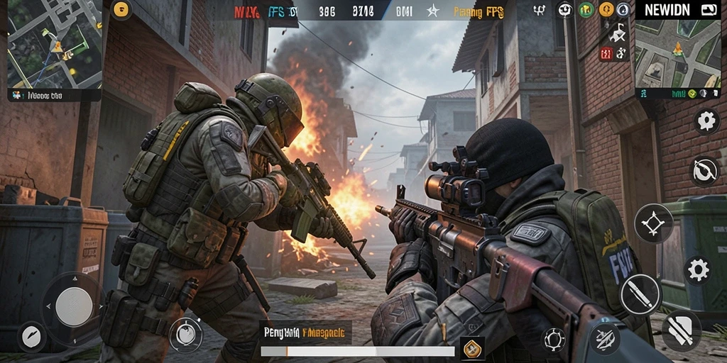 Tangkapan layar menampilkan pertarungan intens dalam <strong>NEWIDN</strong> FPS.