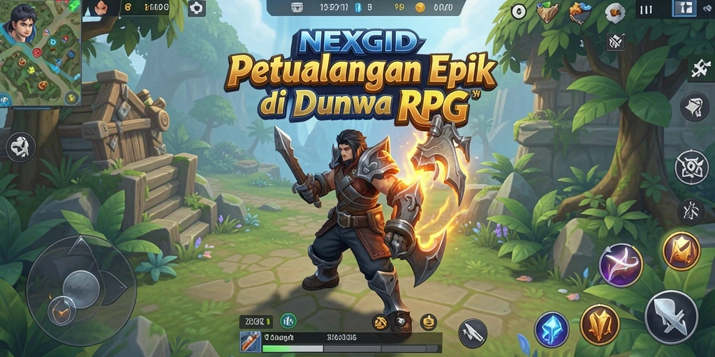 Screenshot gameplay NEXGID yang menampilkan pertempuran epik di dunia fantasi.